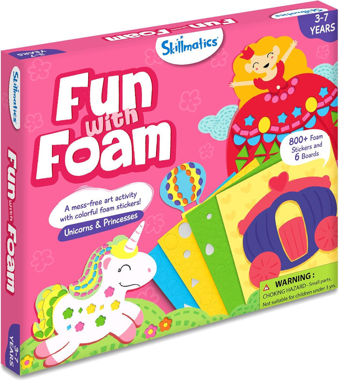 Skillmatics Fun with Foam kit in a pink box featuring a princess, unicorn, and bright foam sticker sheets for kids.