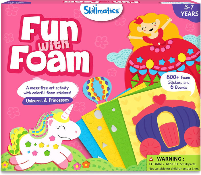 Pink craft kit box featuring princess and unicorn illustrations, colorful sticker sheets, and activity boards.
