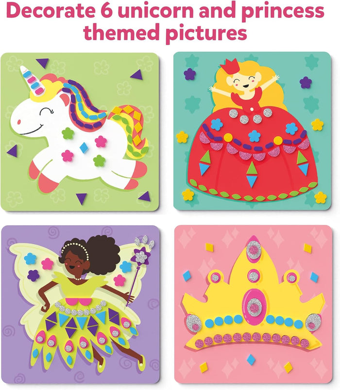 Four craft panels featuring a white unicorn, princess, fairy, and yellow crown decorated with glitter foam stickers.