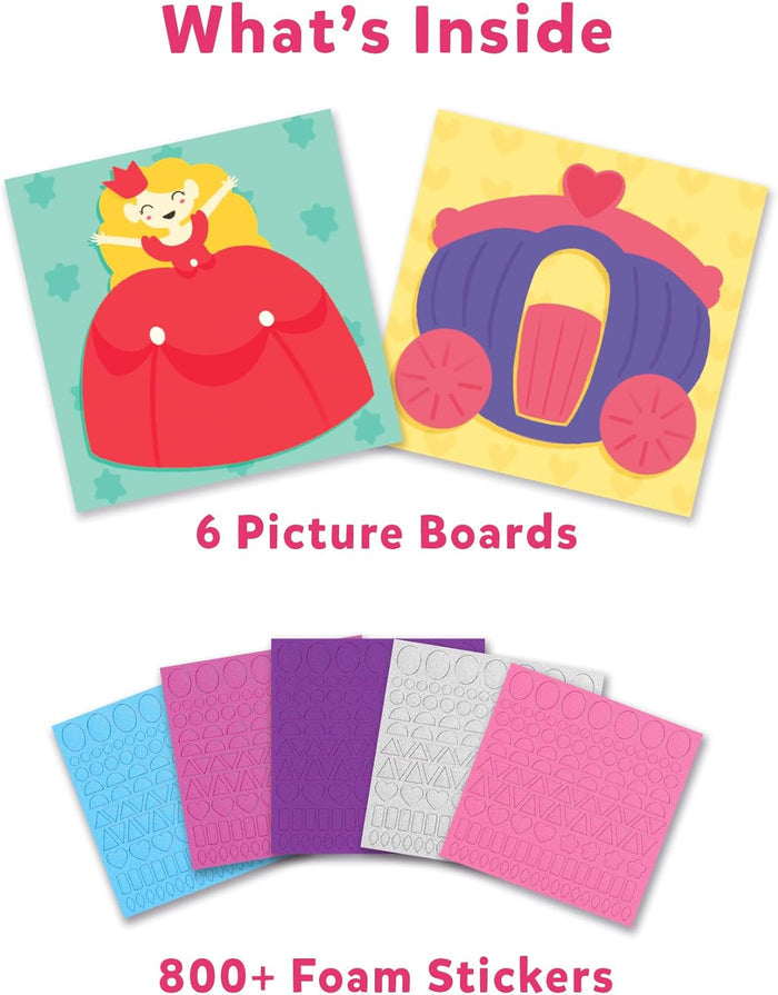 Product contents: 6 illustrated boards with a princess and carriage, and 5 sheets of 800+ colorful foam stickers.