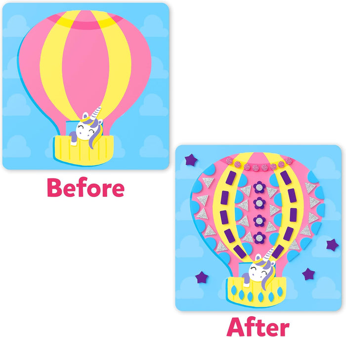 Before and after of a unicorn hot air balloon craft decorated with glitter shapes, stars, and colorful foam stickers.