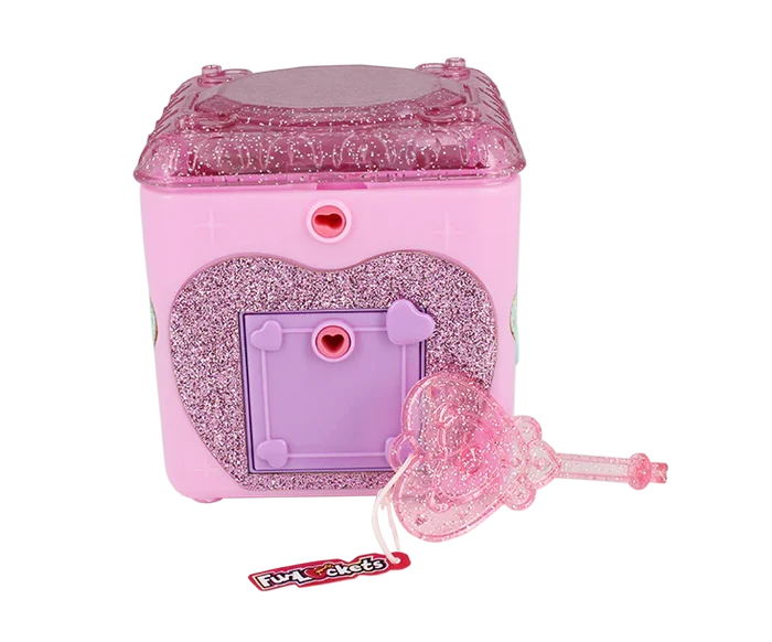Pink glittery jewelry box cube featuring a purple door with heart keyhole and a large translucent pink heart key.