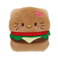 Brown plush Hello Kitty shaped like a hamburger with a pink bow, green lettuce, and red tomato details.