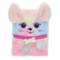 Colorful rainbow plush puppy notebook with upright ears, a pink glitter collar, and a bone-shaped tag.