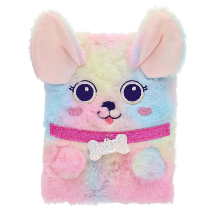 Colorful rainbow plush puppy notebook with upright ears, a pink glitter collar, and a bone-shaped tag.