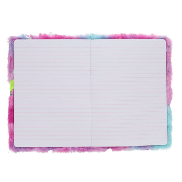 Open notebook with lined pages and a colorful pink, purple, and blue plush faux fur cover.