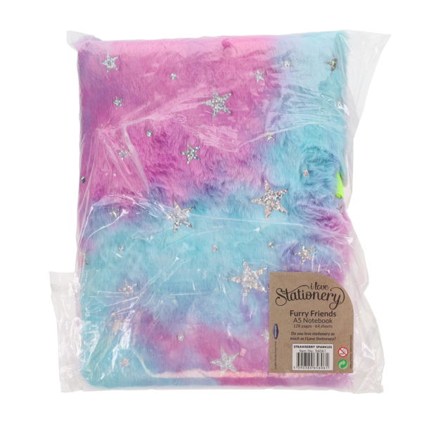 Fuzzy pink and blue tie-dye A5 notebook with silver glitter stars in clear plastic packaging.