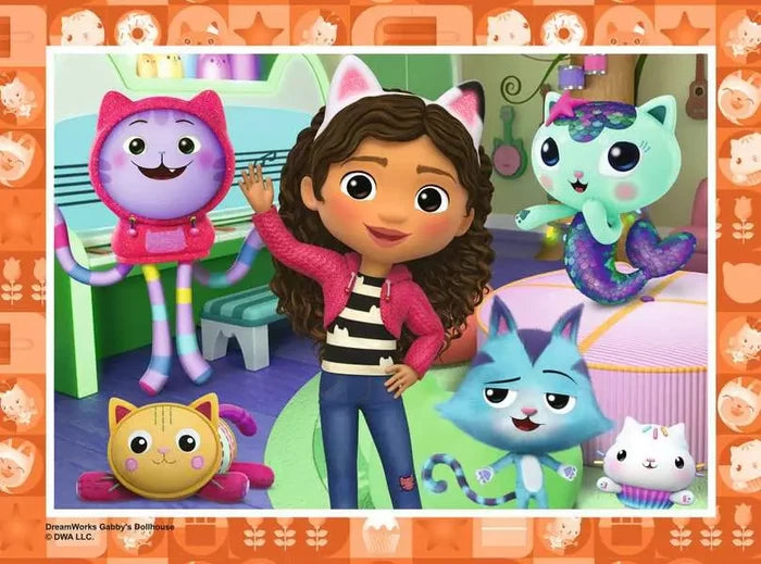 Colorful puzzle image of Gabby and her cat friends in a dollhouse, framed by an orange cat-themed border.