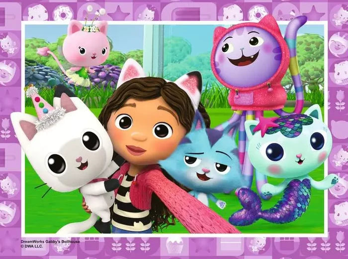 Gabby and her cat friends in a colorful garden scene, with a purple border featuring white cat and treat icons.