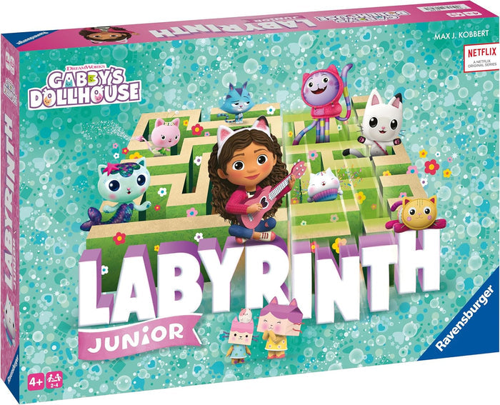 Gabby's Dollhouse Junior Labyrinth box with Gabby and her cats in a green maze on a bubbly blue background.