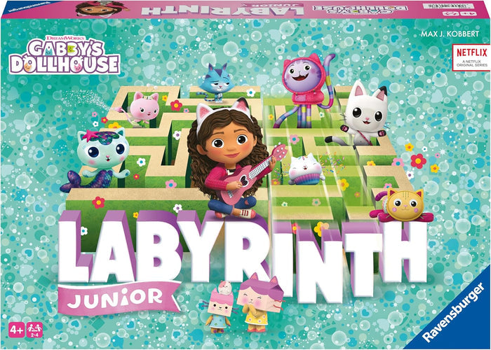 Gabby and her cat friends in a green hedge maze on a teal bubble-patterned Ravensburger board game box.