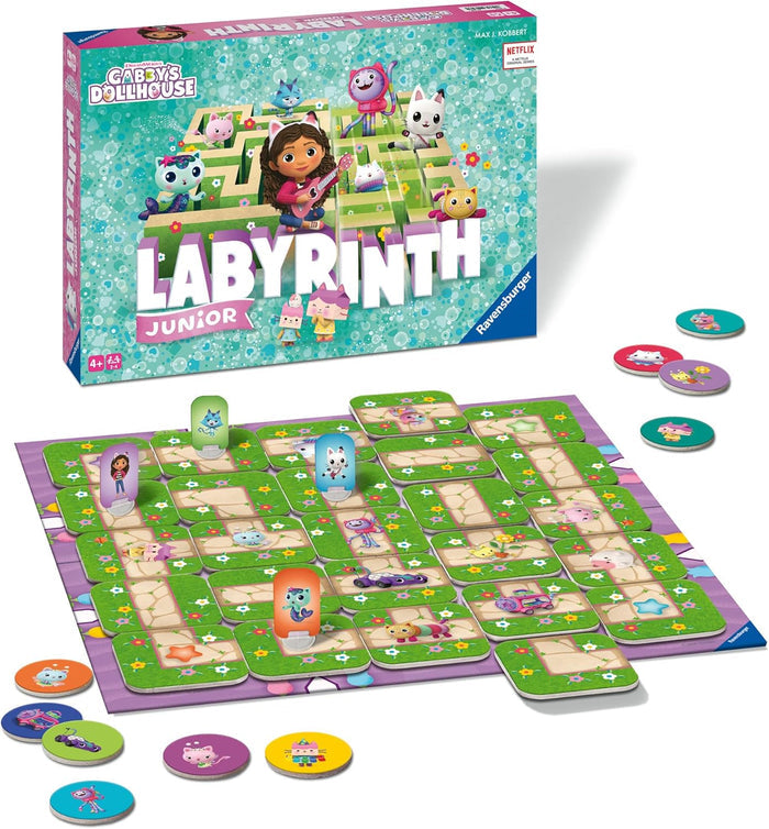 Gabby's Dollhouse Labyrinth game box, purple board with green maze tiles, character standees, and round tokens.