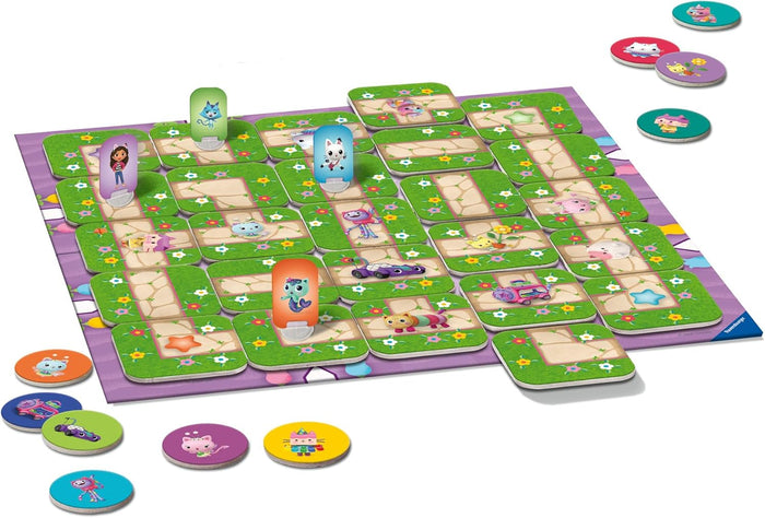 Colorful Gabby's Dollhouse board game with stone path tiles, character standees, and round illustrated tokens.