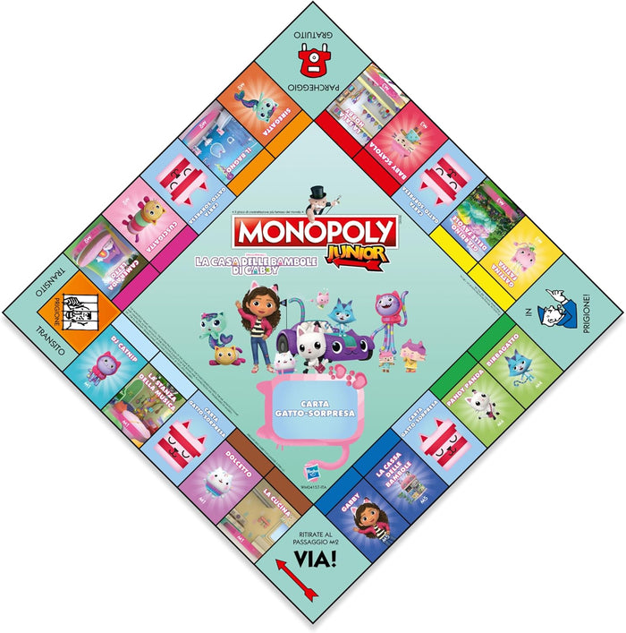 Italian Monopoly Junior board with colorful character squares and a light blue center featuring Gabby's Dollhouse.