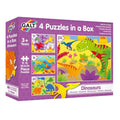 Purple Galt puzzle box showing four colorful dinosaur scenes with varying piece counts for ages 3 and up.