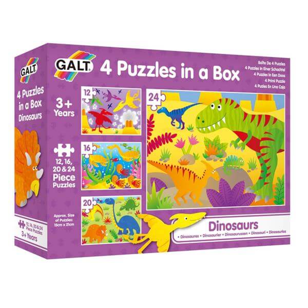 Purple Galt puzzle box showing four colorful dinosaur scenes with varying piece counts for ages 3 and up.