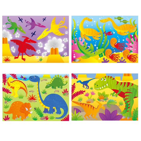 Four bright cartoon dinosaur puzzle scenes featuring flying, swimming, and land-dwelling prehistoric creatures.