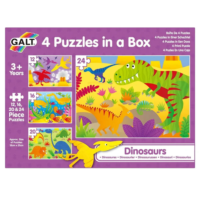Purple box featuring four colorful dinosaur puzzles with a large green T-Rex, pterodactyls, and prehistoric landscapes.