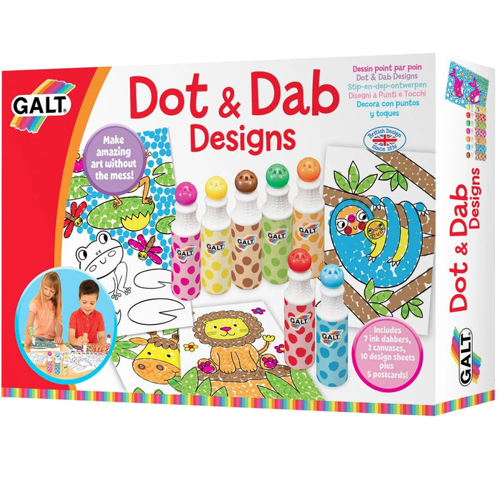 Box for Galt Dot & Dab Designs with 7 spotted ink markers, animal art sheets, and kids crafting mess-free art.