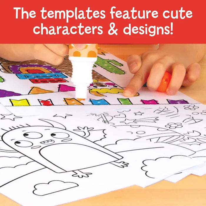 Child dabbing a dot marker on animal and monster templates. Red banner: The templates feature cute characters & designs!