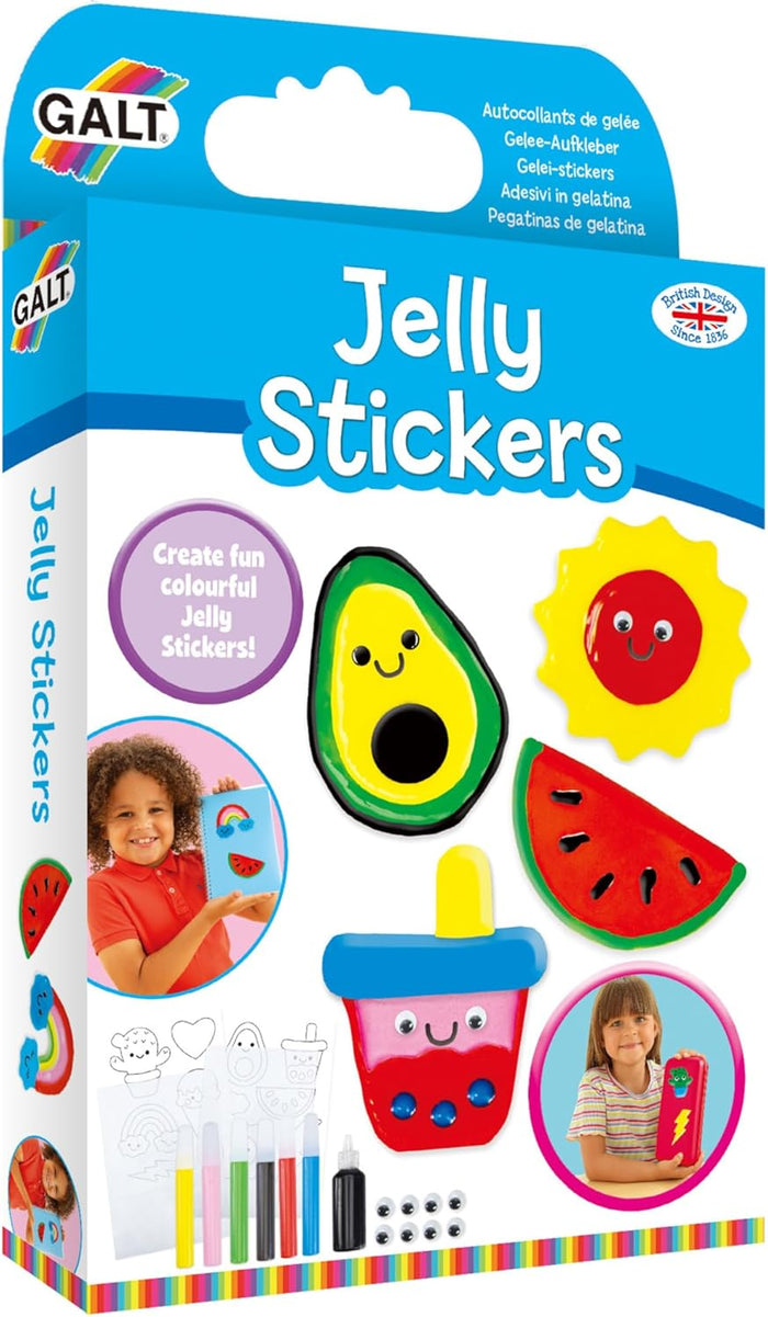 Galt craft kit box for making colorful jelly stickers, featuring fruit designs, gel tubes, and googly eyes.
