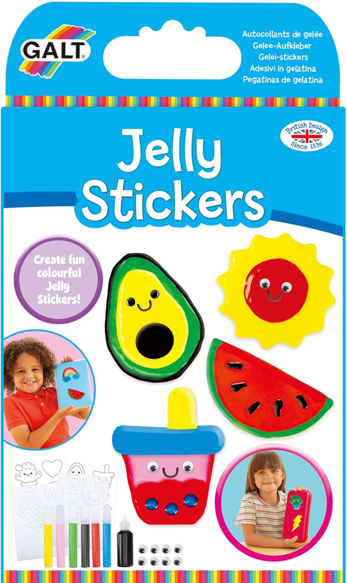 Craft kit box with colorful DIY jelly stickers of an avocado, sun, and watermelon, plus pens and googly eyes.