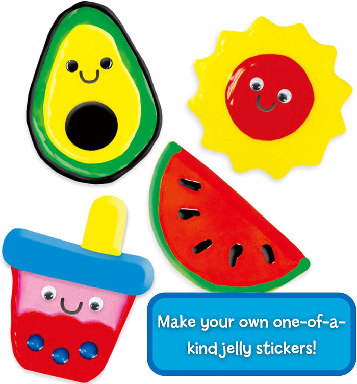 Four colorful DIY jelly stickers including a smiling avocado, sun, watermelon slice, and boba cup with googly eyes.
