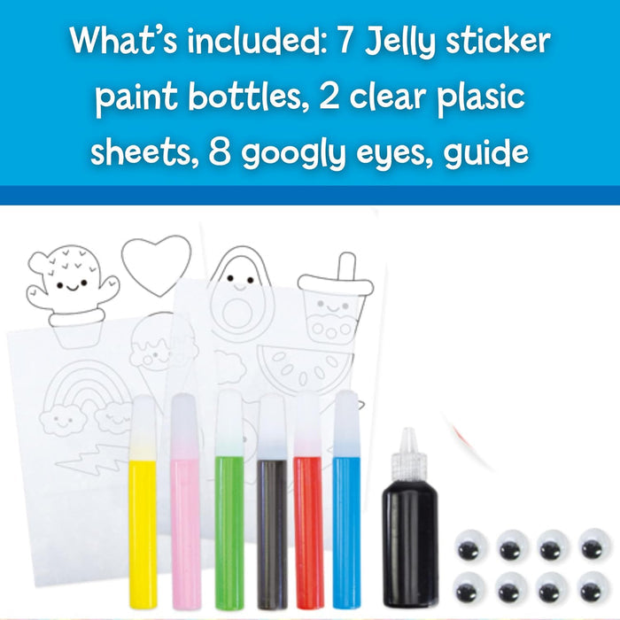 Seven colorful paint bottles, eight googly eyes, and clear sheets with cute cactus, avocado, and rainbow outlines.