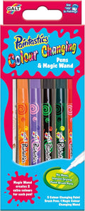 Bright pink and blue box containing five swirl-patterned paint pens and a white magic wand pen.
