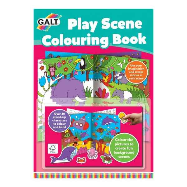 Teal and pink colouring book cover featuring jungle and underwater scenes with pop-out animal characters to color.
