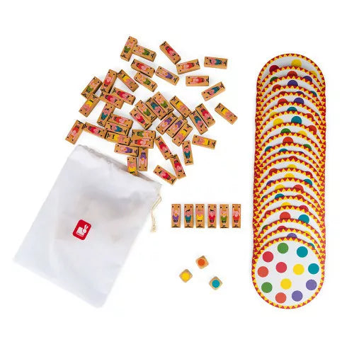 Wooden acrobat game with illustrated blocks, colorful dotted round cards, wooden dice, and a white fabric storage bag.