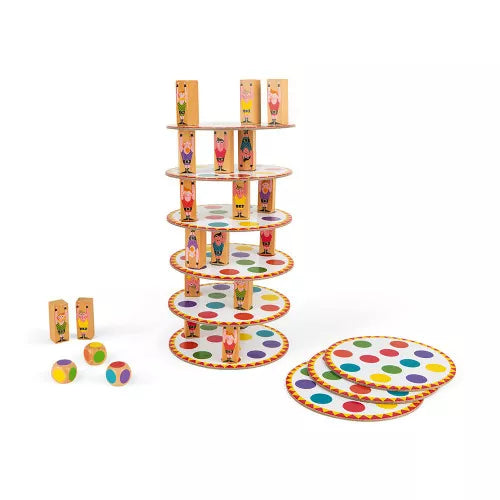 Wooden balancing game with a tower of colorful polka-dot discs held up by small acrobat figures.