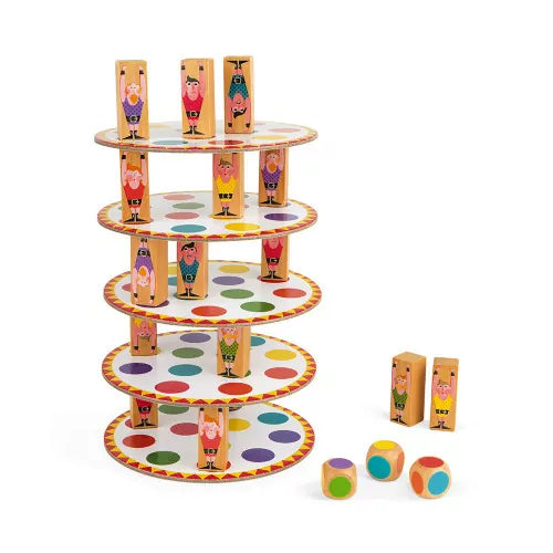 Wooden stacking game with five colorful dotted discs, acrobat figure blocks, and three wooden dice.