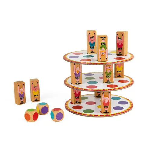 Circular stacking game with colorful dots, wooden acrobat figure pillars, and three large wooden dice.