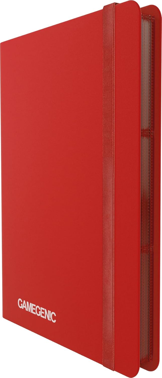 A red Gamegenic trading card binder with a vertical elastic strap and side-loading pages visible on the edge.
