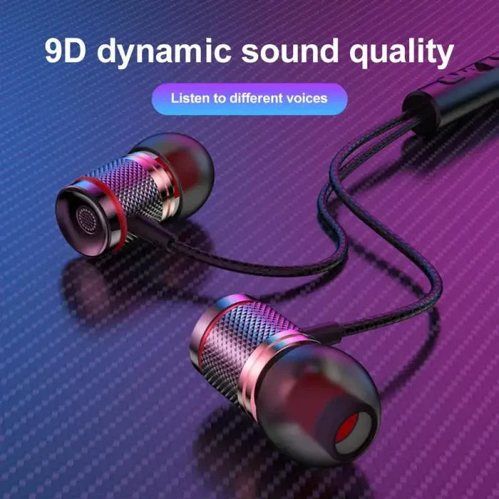 Gaming Wired Earphone Lightweight With Mic featuring 9D dynamic sound quality on carbon fiber background.