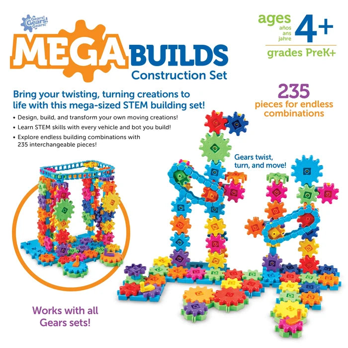 A 235-piece STEM construction set showing intricate towers built from colorful interlocking gears, chains, and bases.