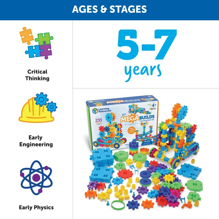Ages 5-7 gear set with colorful plastic pieces, tracks, and connectors scattered around a Mega Builds construction box.