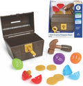 Plastic treasure chest toy set with a brown chest, a hammer, a key, and five colorful numbered gems with gold coins.