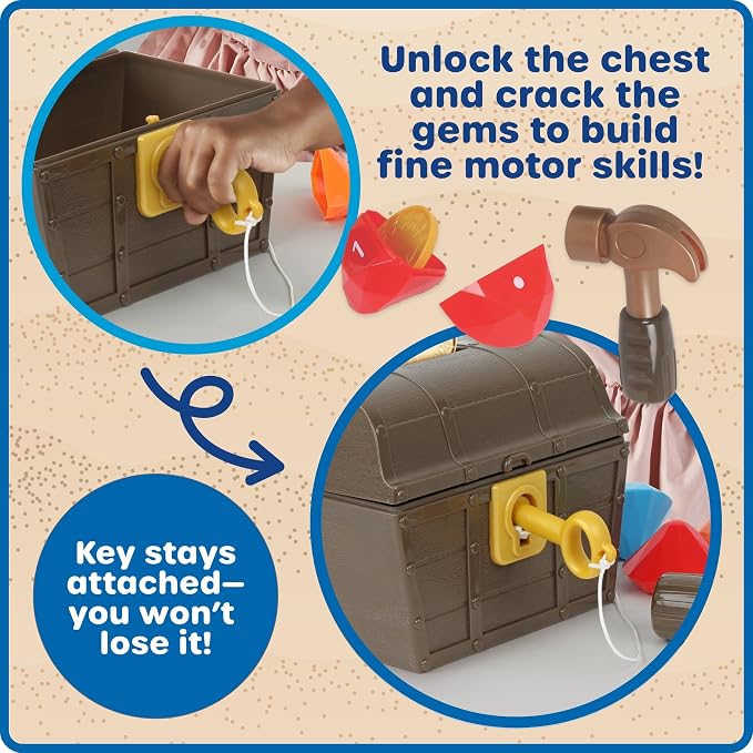 Brown plastic treasure chest with attached yellow key, a toy hammer, and colorful break-apart gems.