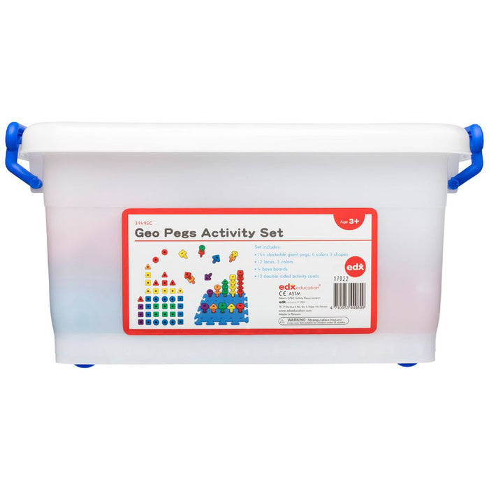 Clear plastic tub with blue handles and a white lid, displaying a label with colorful geometric pegs and base boards.