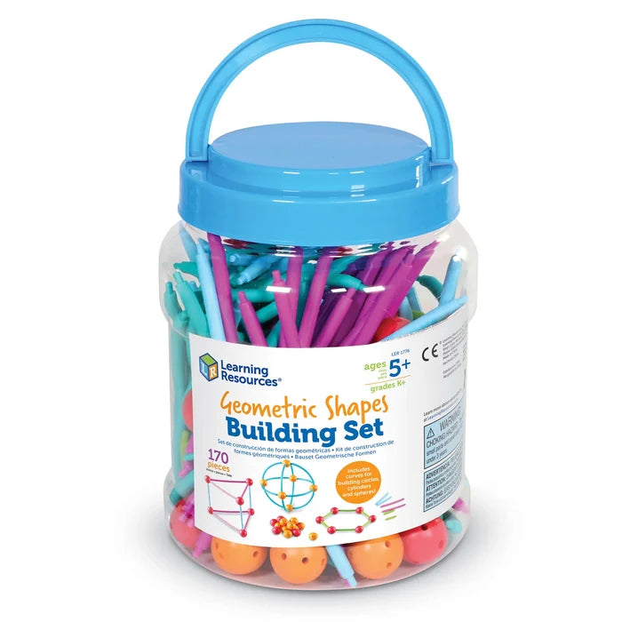Clear jar with blue handle filled with colorful plastic rods and orange spheres for building 3D geometric shapes.