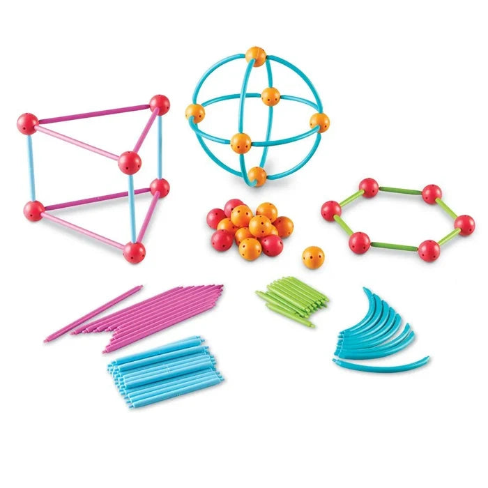 Geometry building set with colorful straight and curved rods and ball connectors forming 3D shapes.