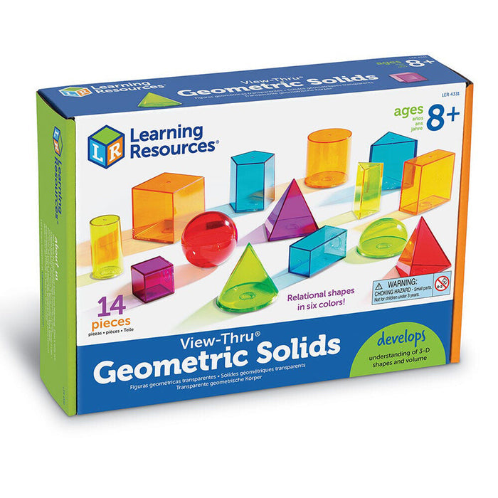 Box showing 14 transparent, colorful 3D shapes like a red sphere, blue cylinder, and green cone for ages 8 and up.