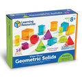 Box showing 14 transparent, colorful 3D shapes like a red sphere, blue cylinder, and green cone for ages 8 and up.