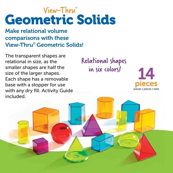 14 colorful, transparent geometric solids including cubes, cylinders, and spheres on a white and green background.