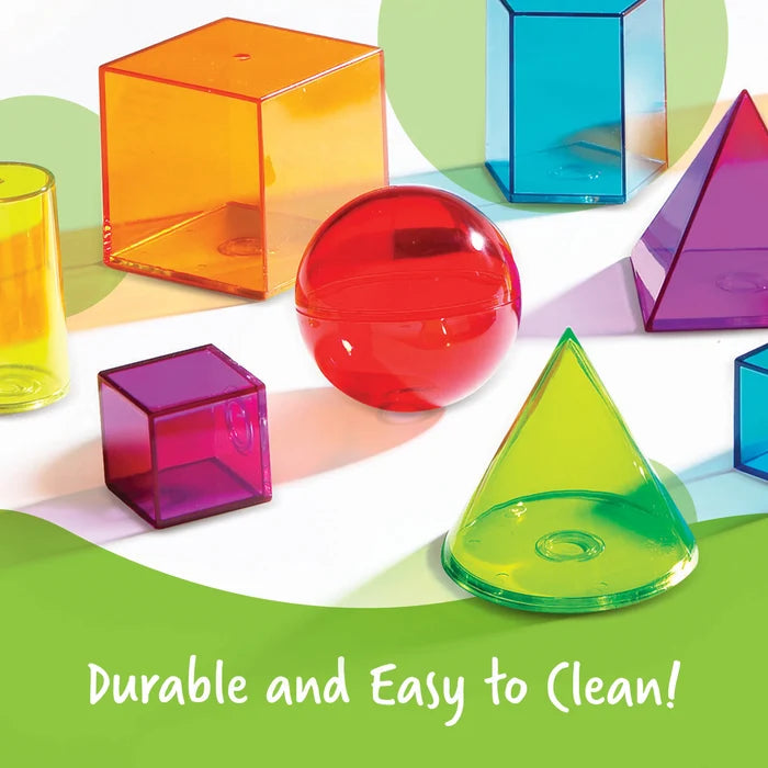 Colorful transparent 3D geometric shapes of various sizes. Text: Durable and Easy to Clean!