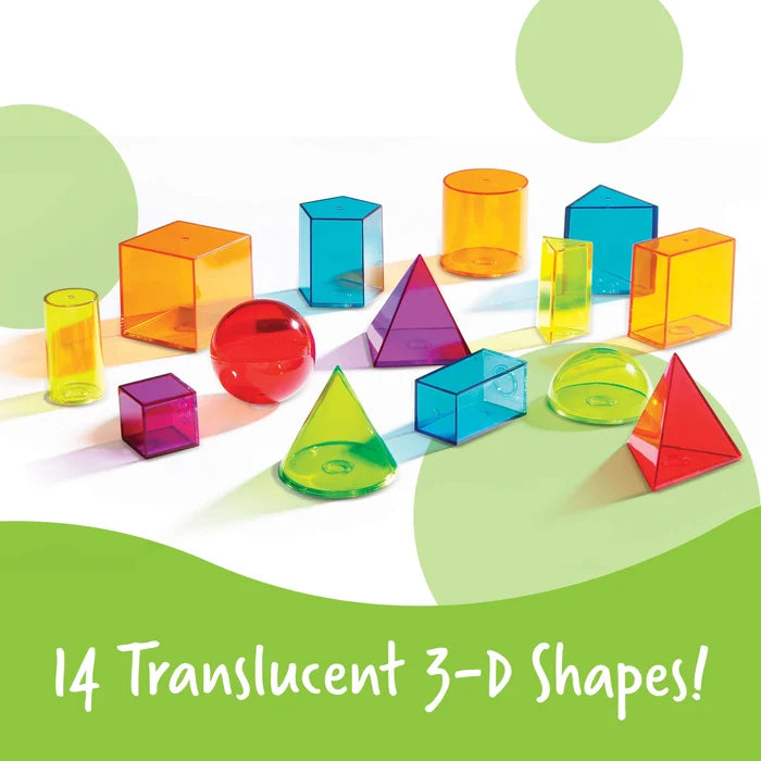 Fourteen vibrant, translucent 3D shapes including spheres, pyramids, and cubes arranged on a white background.