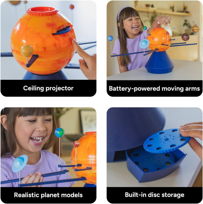 Four photos show a toy sun projector on a blue base with orbiting planet models and storage for image discs.