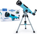 Light blue and black telescope on a gray tripod next to a white box showing moon and nature viewing graphics.